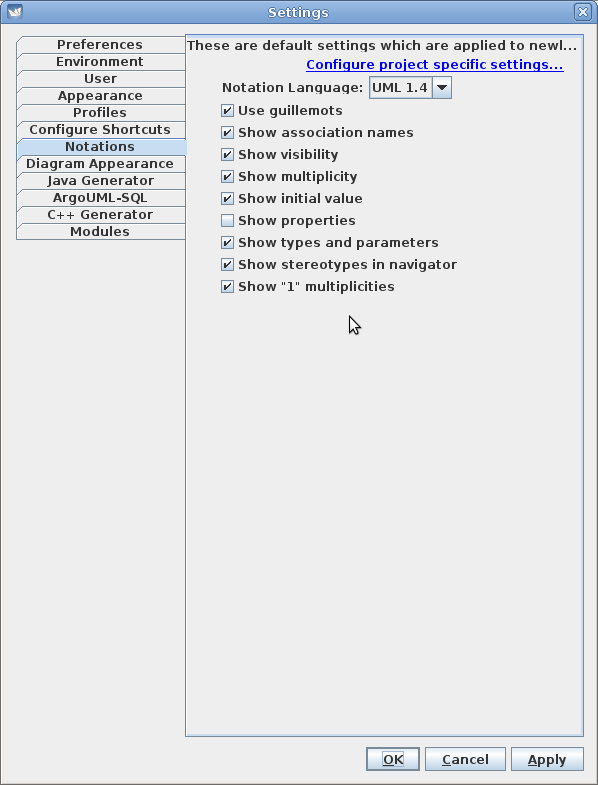 ArgoUML Edit/Settings/Notations tab