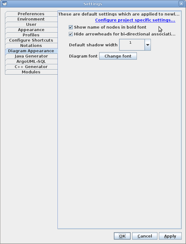 ArgoUML Edit/Settings/Diagram Appearance tab